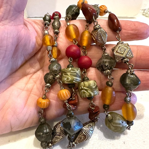 Multi-color Boho Genuine Gemstone & Glass beaded Necklace red, green, yellow - Picture 7 of 11